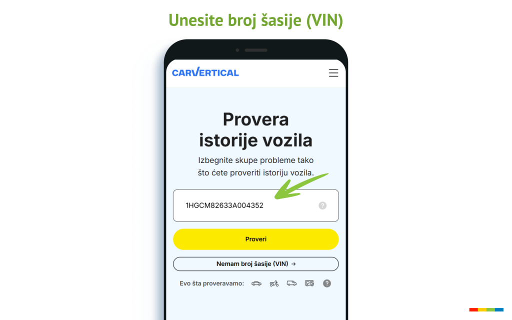 carVertical stranica za unos VIN broja vozila - provera istorije automobila
