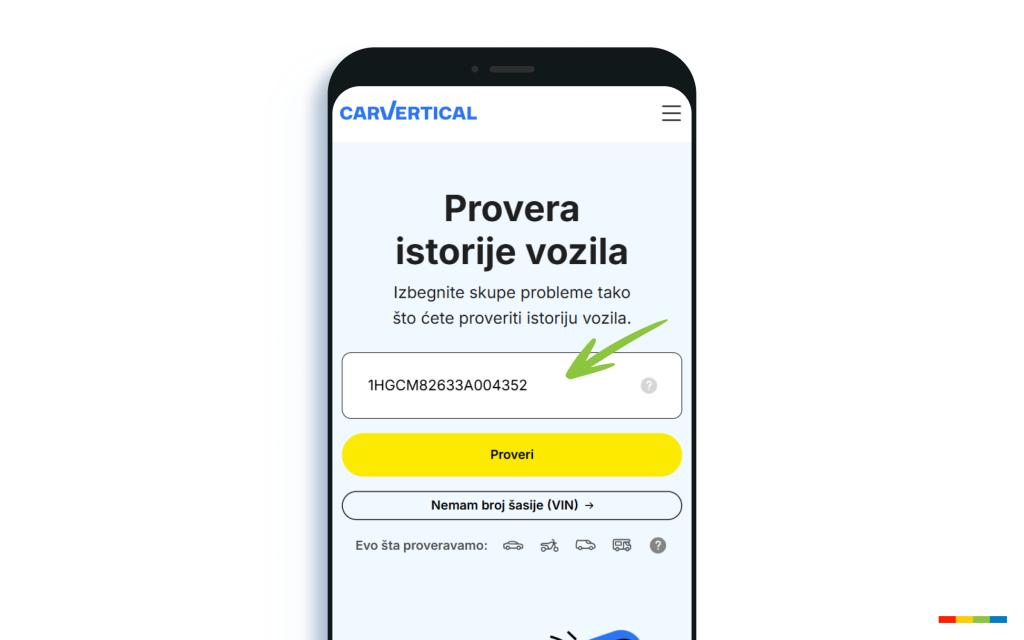 carVertical stranica za unosa VIN broja