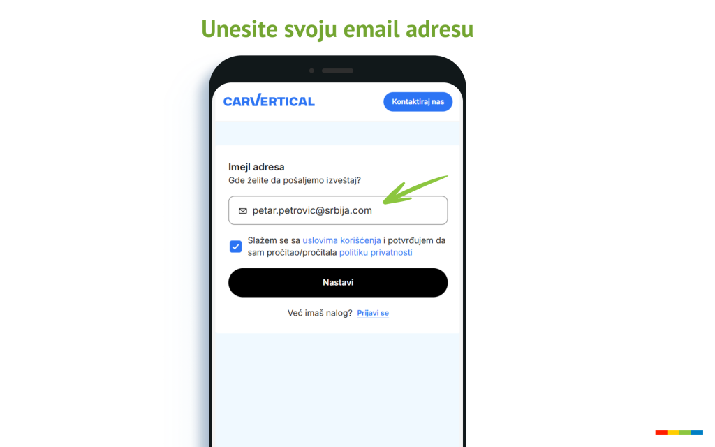 Unos email adrese za prijem carVertical izveštaja o istoriji vozila
