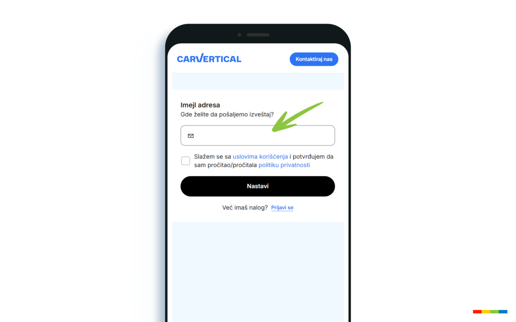 carVertical stranica za unos e-mail adrese
